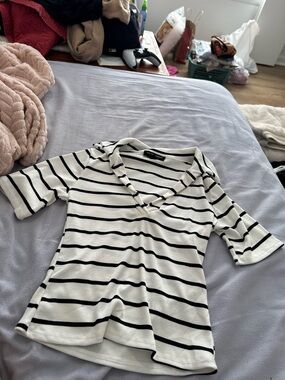 See You Monday Black & White Striped V-Neck Tee